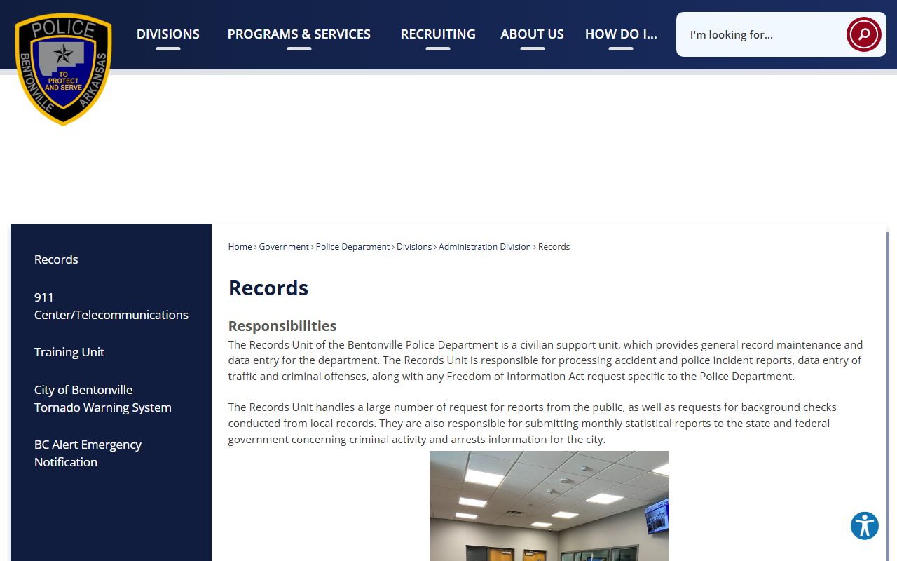 Bentonville Police Department Records Unit for criminal records and FOIA requests