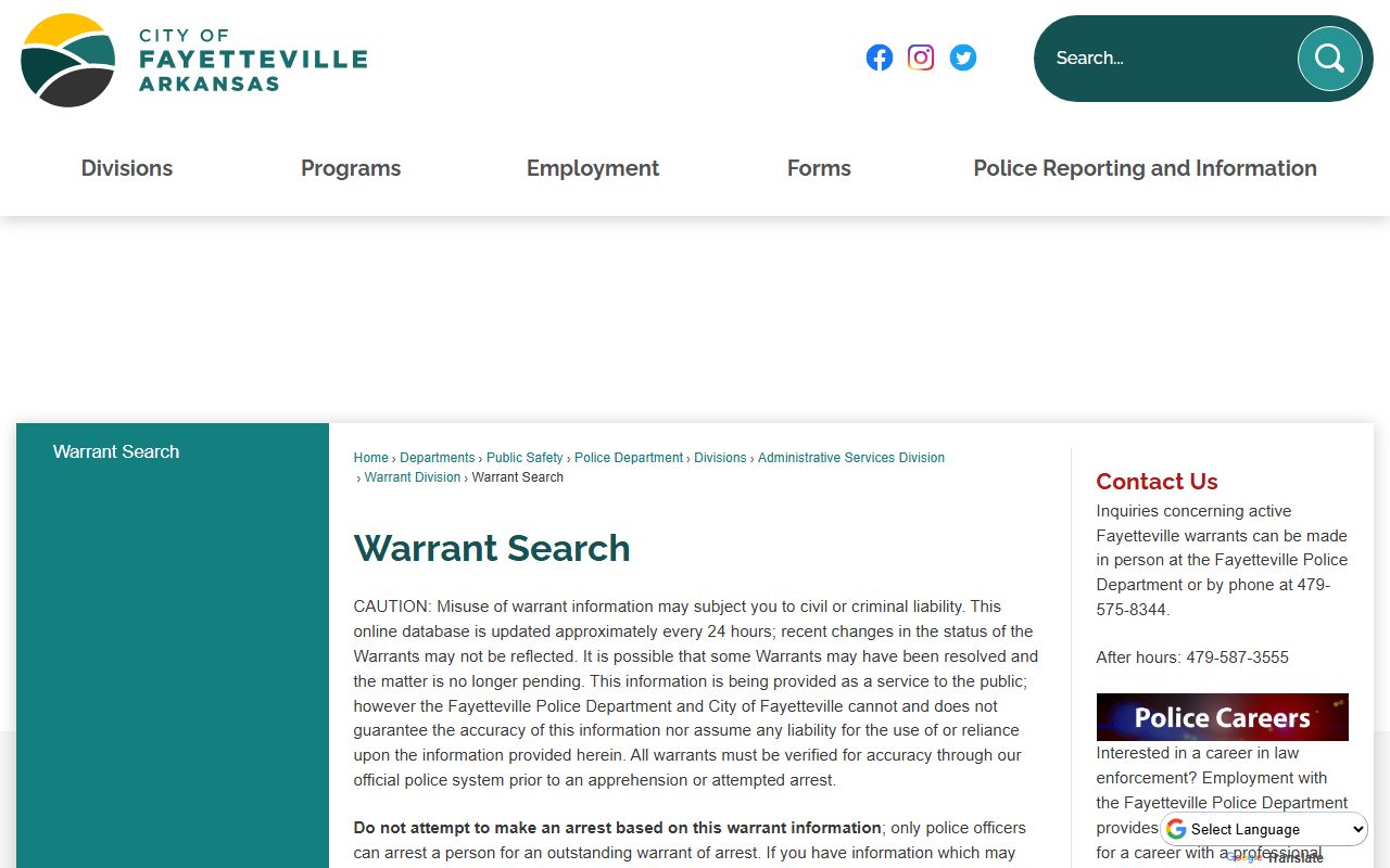 Fayetteville Arkansas warrant search tool