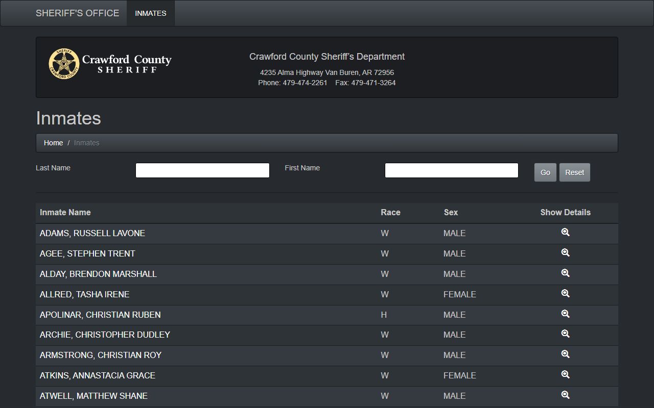 Crawford County inmate roster portal for current detainee information and arrest records