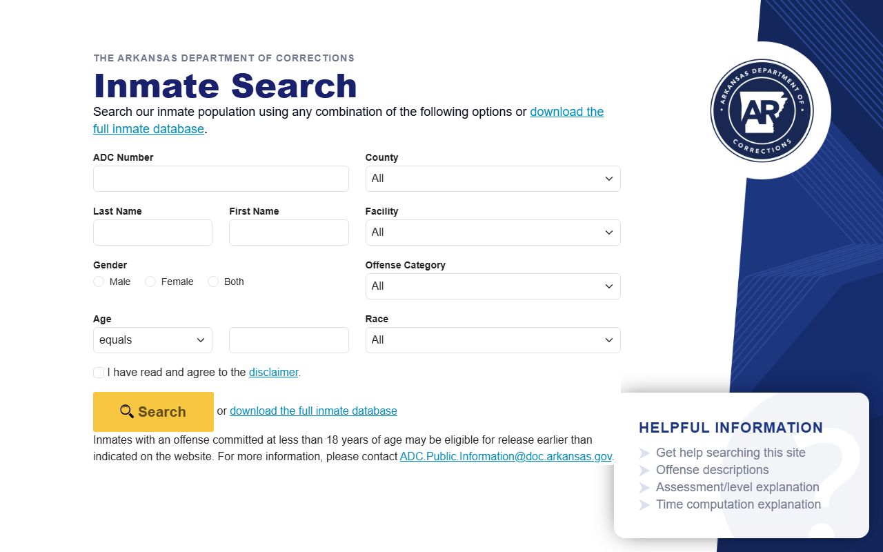 Arkansas Department of Corrections inmate search tool for criminal records