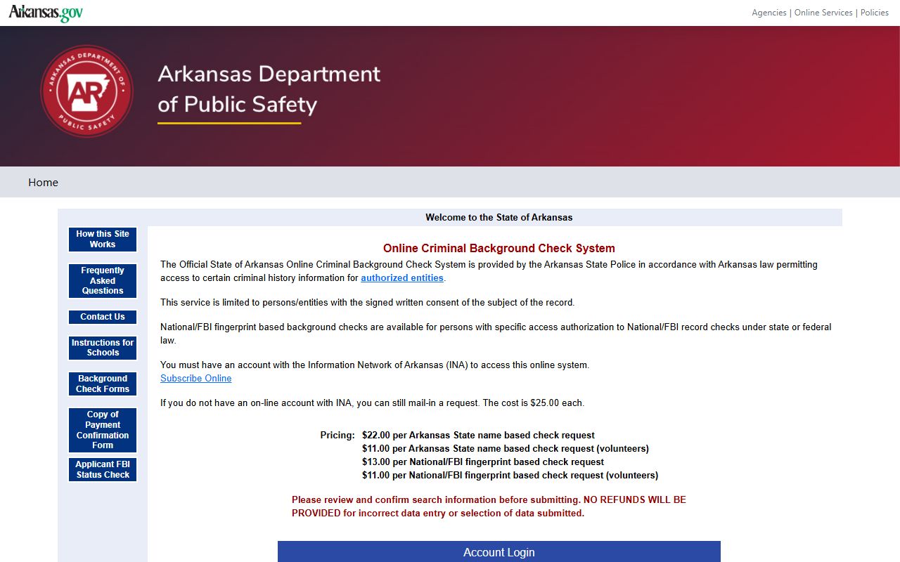 Arkansas State Police online criminal background check system portal